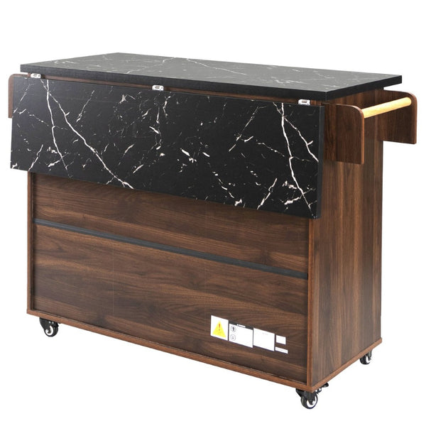 English Elm K&k Rolling Kitchen Island with Drop Leaf Trash Cabinet Spice Rack and Drawer Storage Walnut Brown N707S326381Z