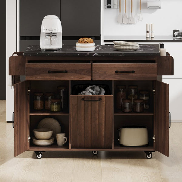 English Elm K&k Rolling Kitchen Island with Drop Leaf Trash Cabinet Spice Rack and Drawer Storage Walnut Brown N707S326381Z