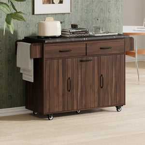 English Elm K&k Rolling Kitchen Island with Drop Leaf Trash Cabinet Spice Rack and Drawer Storage Walnut Brown N707S326381Z