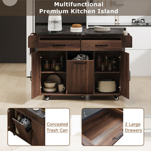English Elm K&k Rolling Kitchen Island with Drop Leaf Trash Cabinet Spice Rack and Drawer Storage Walnut Brown N707S326381Z