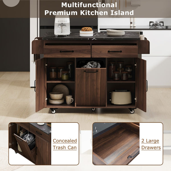 English Elm K&k Rolling Kitchen Island with Drop Leaf Trash Cabinet Spice Rack and Drawer Storage Walnut Brown N707S326381Z