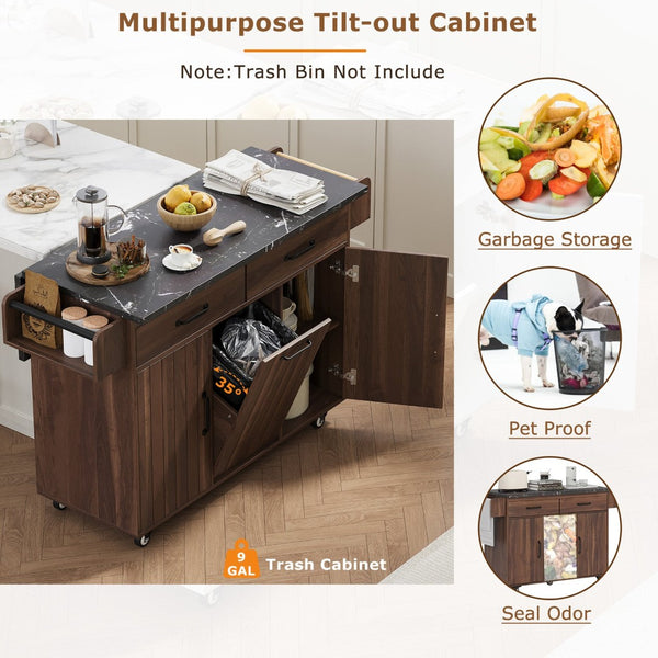 English Elm K&k Rolling Kitchen Island with Drop Leaf Trash Cabinet Spice Rack and Drawer Storage Walnut Brown N707S326381Z
