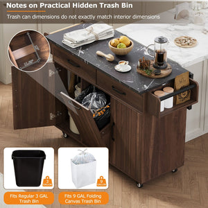 English Elm K&k Rolling Kitchen Island with Drop Leaf Trash Cabinet Spice Rack and Drawer Storage Walnut Brown N707S326381Z
