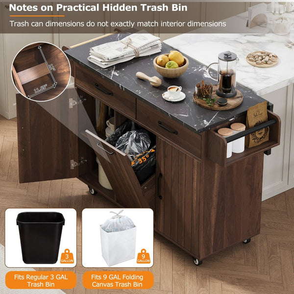 English Elm K&k Rolling Kitchen Island with Drop Leaf Trash Cabinet Spice Rack and Drawer Storage Walnut Brown N707S326381Z