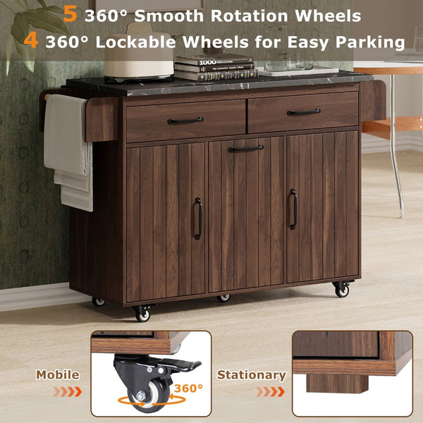 English Elm K&k Rolling Kitchen Island with Drop Leaf Trash Cabinet Spice Rack and Drawer Storage Walnut Brown N707S326381Z