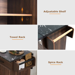 English Elm K&k Rolling Kitchen Island with Drop Leaf Trash Cabinet Spice Rack and Drawer Storage Walnut Brown N707S326381Z