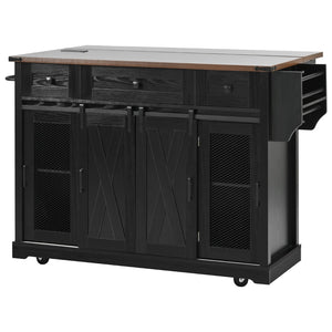 English Elm K&k Farmhouse Rolling Kitchen Island with Barn Doors Drop Leaf and Built-in Storage Black N707S349811B