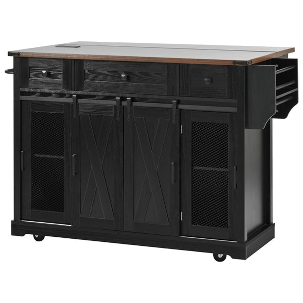 English Elm K&k Farmhouse Rolling Kitchen Island with Barn Doors Drop Leaf and Built-in Storage Black N707S349811B