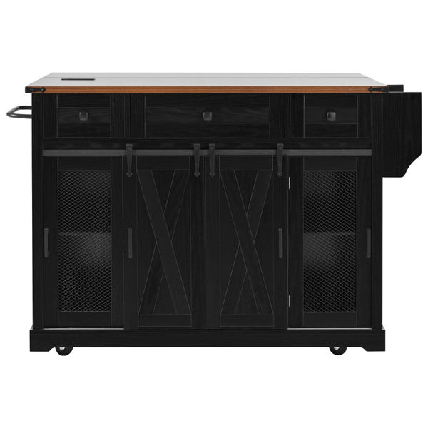 English Elm K&k Farmhouse Rolling Kitchen Island with Barn Doors Drop Leaf and Built-in Storage Black N707S349811B