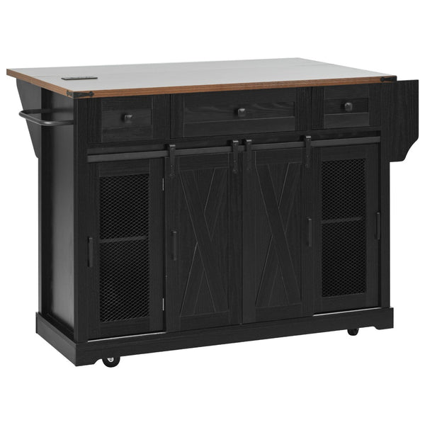 English Elm K&k Farmhouse Rolling Kitchen Island with Barn Doors Drop Leaf and Built-in Storage Black N707S349811B