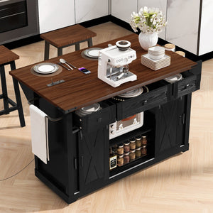 English Elm K&k Farmhouse Rolling Kitchen Island with Barn Doors Drop Leaf and Built-in Storage Black N707S349811B