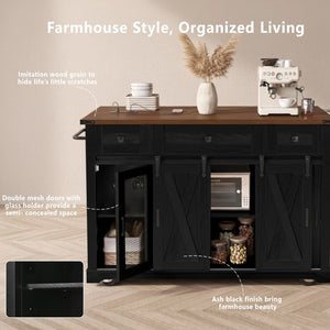 English Elm K&k Farmhouse Rolling Kitchen Island with Barn Doors Drop Leaf and Built-in Storage Black N707S349811B