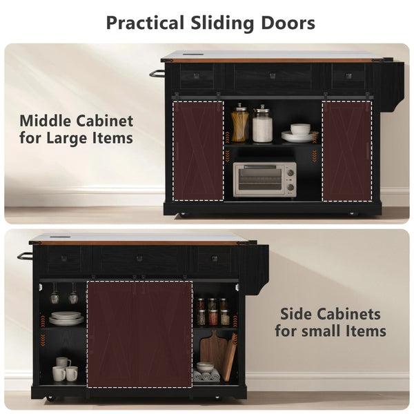 English Elm K&k Farmhouse Rolling Kitchen Island with Barn Doors Drop Leaf and Built-in Storage Black N707S349811B
