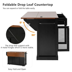 English Elm K&k Farmhouse Rolling Kitchen Island with Barn Doors Drop Leaf and Built-in Storage Black N707S349811B