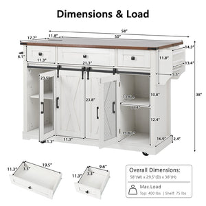 English Elm K&k Farmhouse Rolling Kitchen Island with Barn Doors Drop Leaf and Built-in Storage White N707S349811W
