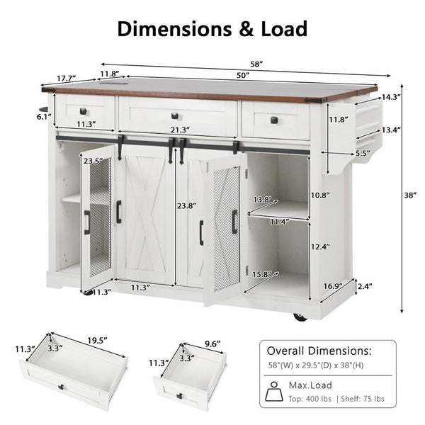 English Elm K&k Farmhouse Rolling Kitchen Island with Barn Doors Drop Leaf and Built-in Storage White N707S349811W