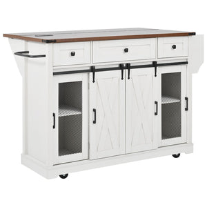 English Elm K&k Farmhouse Rolling Kitchen Island with Barn Doors Drop Leaf and Built-in Storage White N707S349811W