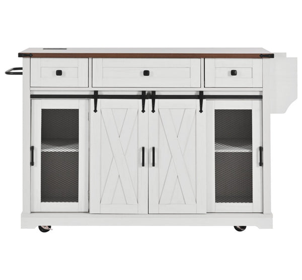 English Elm K&k Farmhouse Rolling Kitchen Island with Barn Doors Drop Leaf and Built-in Storage White N707S349811W