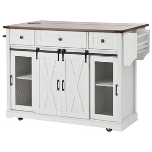 English Elm K&k Farmhouse Rolling Kitchen Island with Barn Doors Drop Leaf and Built-in Storage White N707S349811W