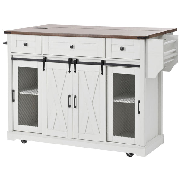 English Elm K&k Farmhouse Rolling Kitchen Island with Barn Doors Drop Leaf and Built-in Storage White N707S349811W