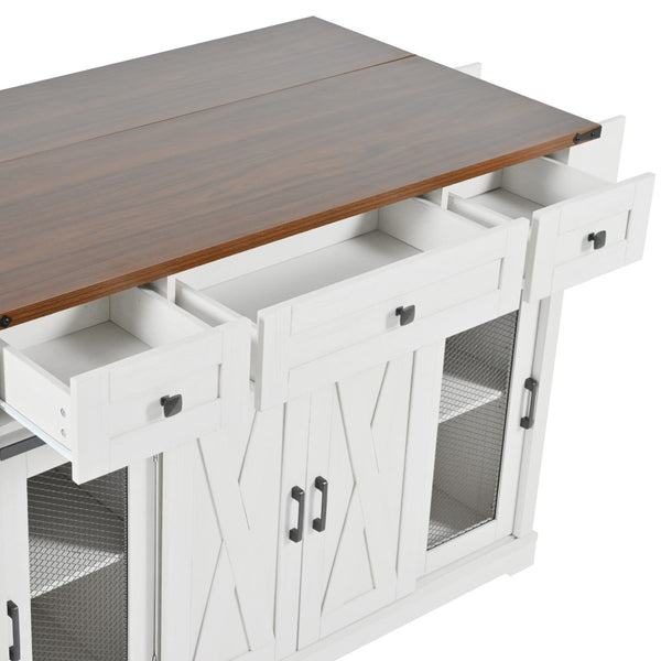 English Elm K&k Farmhouse Rolling Kitchen Island with Barn Doors Drop Leaf and Built-in Storage White N707S349811W