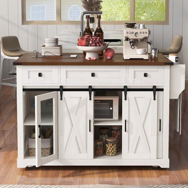 English Elm K&k Farmhouse Rolling Kitchen Island with Barn Doors Drop Leaf and Built-in Storage White N707S349811W