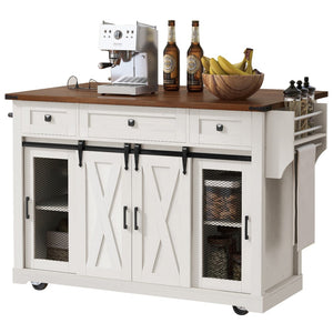 English Elm K&k Farmhouse Rolling Kitchen Island with Barn Doors Drop Leaf and Built-in Storage White N707S349811W