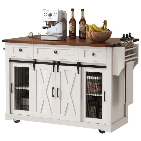 English Elm K&k Farmhouse Rolling Kitchen Island with Barn Doors Drop Leaf and Built-in Storage White N707S349811W