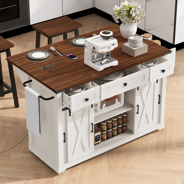 English Elm K&k Farmhouse Rolling Kitchen Island with Barn Doors Drop Leaf and Built-in Storage White N707S349811W