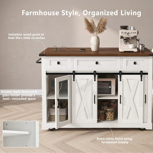 English Elm K&k Farmhouse Rolling Kitchen Island with Barn Doors Drop Leaf and Built-in Storage White N707S349811W