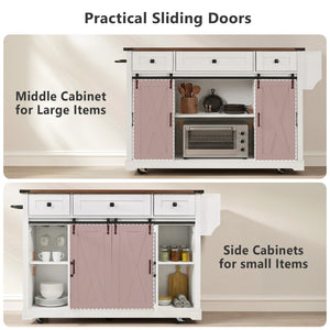 English Elm K&k Farmhouse Rolling Kitchen Island with Barn Doors Drop Leaf and Built-in Storage White N707S349811W