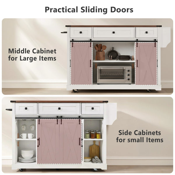 English Elm K&k Farmhouse Rolling Kitchen Island with Barn Doors Drop Leaf and Built-in Storage White N707S349811W