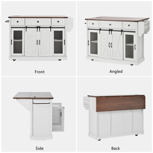 English Elm K&k Farmhouse Rolling Kitchen Island with Barn Doors Drop Leaf and Built-in Storage White N707S349811W