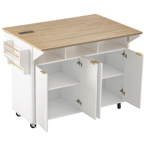 English Elm K&k Fluted Rolling Kitchen Island with Drop Leaves Power Outlet and Wood Grain Top N707S353934W