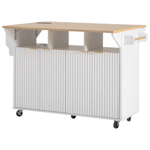 English Elm K&k Fluted Rolling Kitchen Island with Drop Leaves Power Outlet and Wood Grain Top N707S353934W