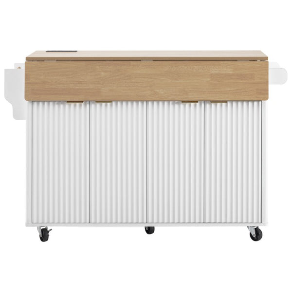 English Elm K&k Fluted Rolling Kitchen Island with Drop Leaves Power Outlet and Wood Grain Top N707S353934W