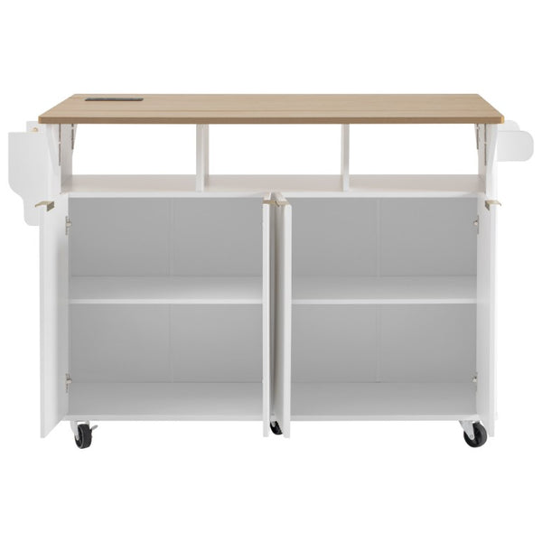 English Elm K&k Fluted Rolling Kitchen Island with Drop Leaves Power Outlet and Wood Grain Top N707S353934W