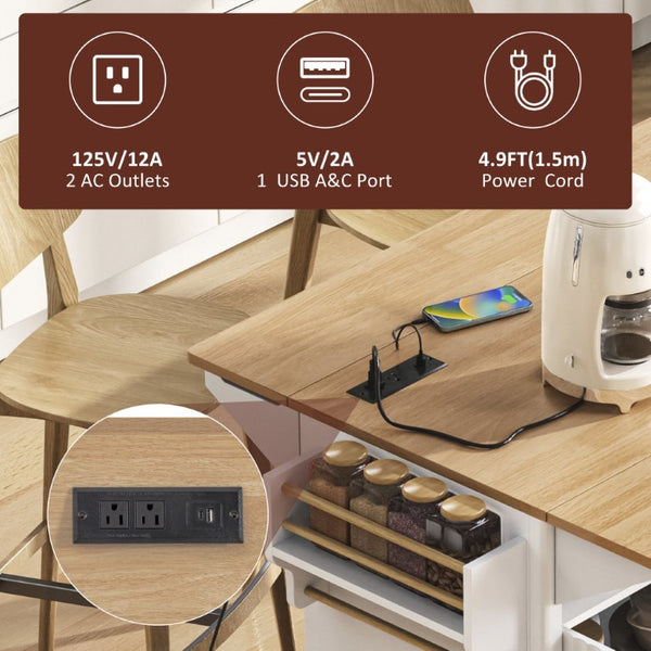 English Elm K&k Fluted Rolling Kitchen Island with Drop Leaves Power Outlet and Wood Grain Top N707S353934W