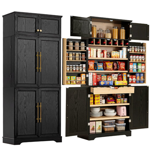 English Elm K&k Farmhouse Pantry Cabinet Retro Style with Wine Rack Hidden Drawer and Adjustable Shelves Black N707S356567B