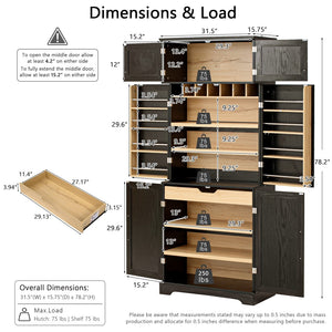 English Elm K&k Farmhouse Pantry Cabinet Retro Style with Wine Rack Hidden Drawer and Adjustable Shelves Black N707S356567B
