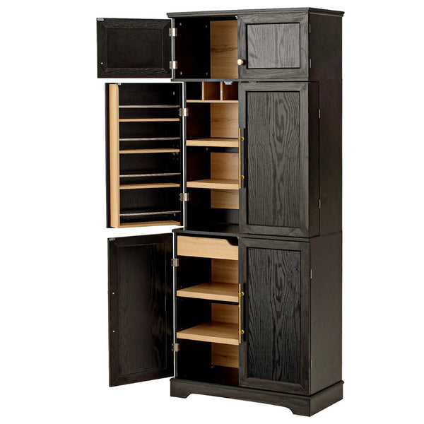 English Elm K&k Farmhouse Pantry Cabinet Retro Style with Wine Rack Hidden Drawer and Adjustable Shelves Black N707S356567B