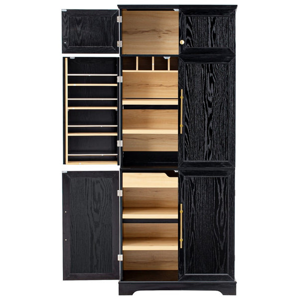 English Elm K&k Farmhouse Pantry Cabinet Retro Style with Wine Rack Hidden Drawer and Adjustable Shelves Black N707S356567B