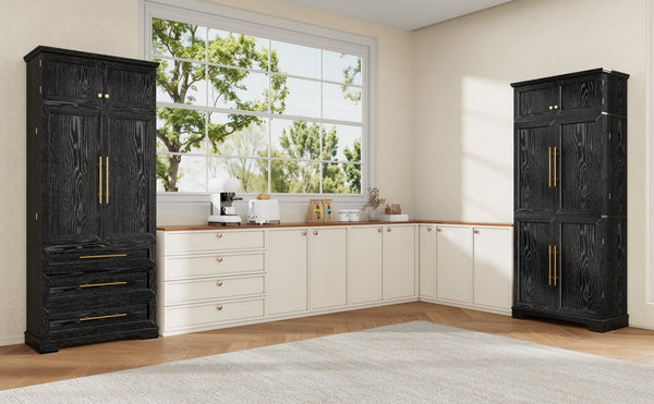 English Elm K&k Farmhouse Pantry Cabinet Retro Style with Wine Rack Hidden Drawer and Adjustable Shelves Black N707S356567B