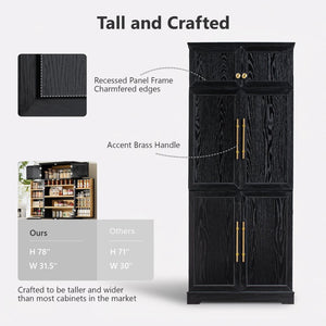 English Elm K&k Farmhouse Pantry Cabinet Retro Style with Wine Rack Hidden Drawer and Adjustable Shelves Black N707S356567B