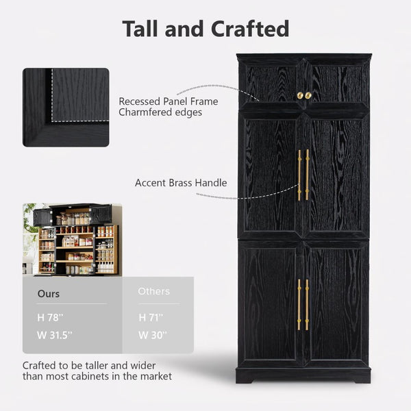 English Elm K&k Farmhouse Pantry Cabinet Retro Style with Wine Rack Hidden Drawer and Adjustable Shelves Black N707S356567B