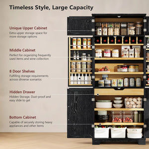 English Elm K&k Farmhouse Pantry Cabinet Retro Style with Wine Rack Hidden Drawer and Adjustable Shelves Black N707S356567B