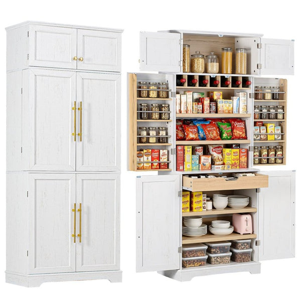 English Elm K&k Farmhouse Pantry Cabinet Retro Style with Wine Rack Hidden Drawer and Adjustable Shelves White N707S356567W