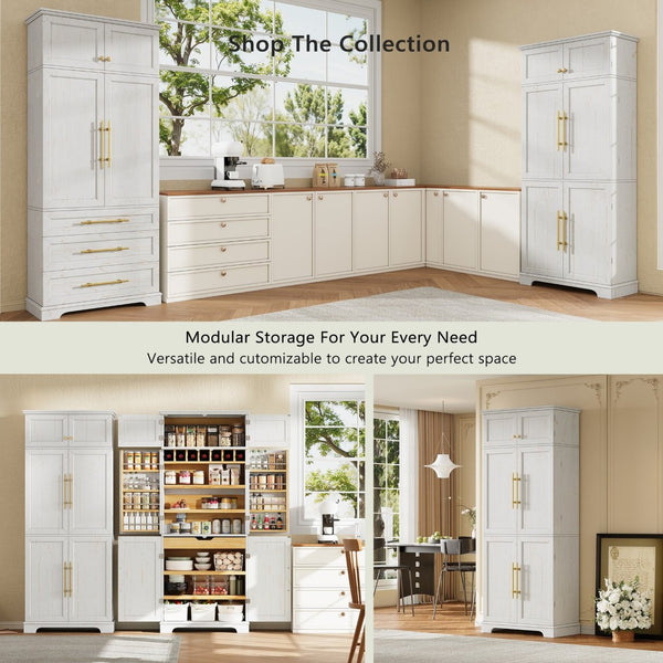English Elm K&k Farmhouse Pantry Cabinet Retro Style with Wine Rack Hidden Drawer and Adjustable Shelves White N707S356567W