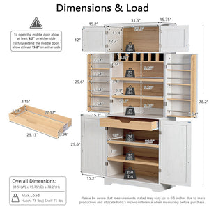 English Elm K&k Farmhouse Pantry Cabinet Retro Style with Wine Rack Hidden Drawer and Adjustable Shelves White N707S356567W