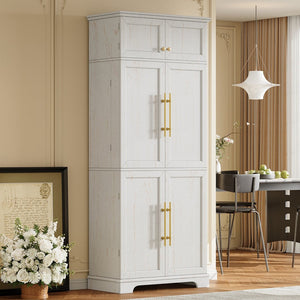 English Elm K&k Farmhouse Pantry Cabinet Retro Style with Wine Rack Hidden Drawer and Adjustable Shelves White N707S356567W